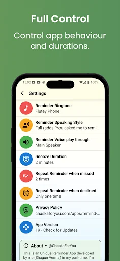 Settings menu with customizable reminder options including ringtone and duration controls