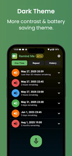 Dark theme reminder list showing scheduled reminders with countdown timers and durations