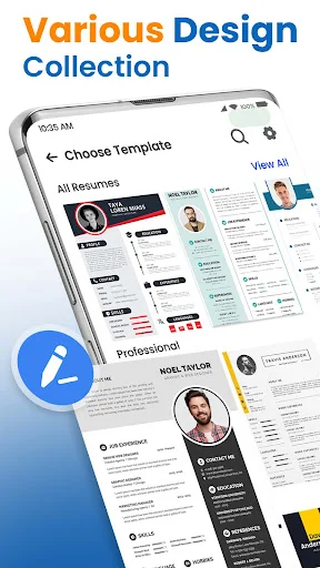 Resume template gallery showing multiple professional CV design options in Resume Builder PDF CV Maker app