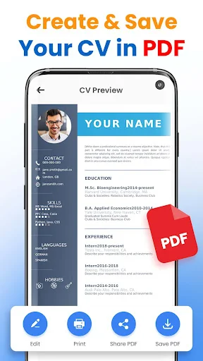 CV preview interface displaying resume sections with PDF export, edit, print, and save options
