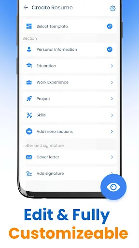 Resume builder form menu with customizable sections including personal info, education, experience, and cover letter
