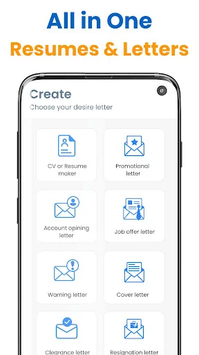 Letter template collection offering CV maker, cover letter, job offer, resignation, and promotional letter templates