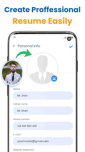 Personal information form for resume creation with profile photo upload and contact details entry