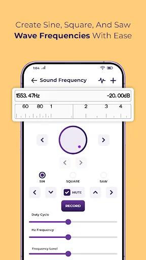 Sound Frequency generator with sine, square, saw wave options, recording feature, and frequency/amplitude controls