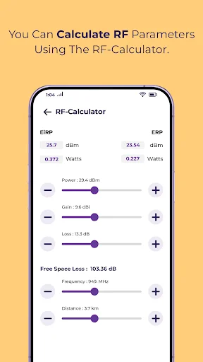 RF-Calculator computing electromagnetic parameters with adjustable power, gain, loss, frequency and distance values