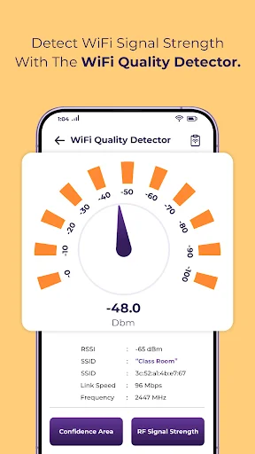 WiFi Quality Detector gauge displaying signal strength at -48.0 dBm with network information and confidence metrics