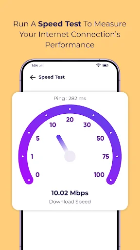 Speed Test tool measuring internet connection performance with ping rate and download speed gauge display
