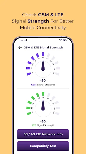 GSM and LTE Signal Strength detector displaying mobile network signal gauges with network info and compatibility test