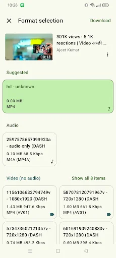 Video format selection screen with MP4, audio download options showing file sizes, resolutions, and download choice buttons