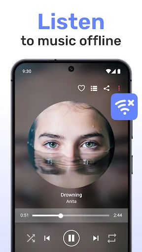 Offline music player interface with playback controls for listening to downloaded music without requiring internet connection