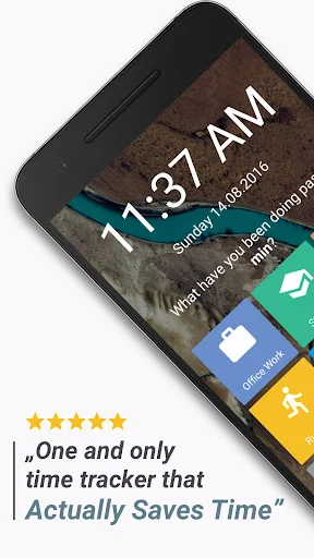 SaveMyTime lock screen widget displaying 11:37 AM with activity tracking and five-star review quote about saving time
