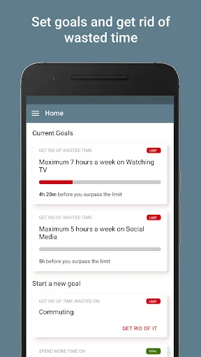 SaveMyTime goals screen with maximum time limits on activities like TV and Social Media to eliminate wasted time
