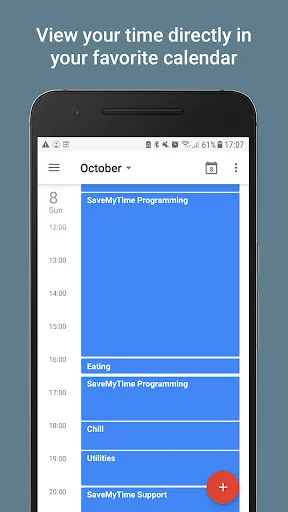 SaveMyTime calendar integration showing tracked activities like Programming, Eating, Chill and Support events