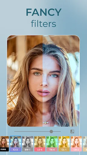Fancy filters interface displaying before-and-after comparison with multiple colorful filter presets for instant beauty enhancements
