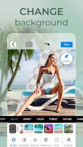 Background changer with preset categories including city, beach, desert, and nature for replacing and customizing photo backgrounds