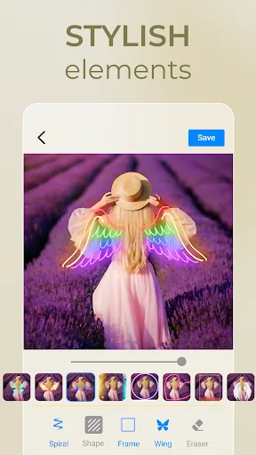Stylish elements overlay showing decorative stickers, wings, and effects to add artistic and creative flair to beauty selfies