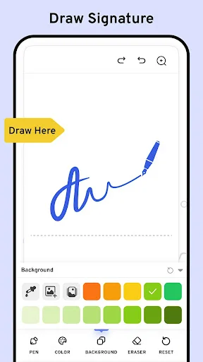 Draw signature screen with hand-drawn signature, color palette, and drawing tools in signature maker app