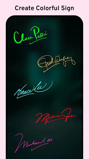 Colorful signature examples in green, yellow, blue, red, and pink on gradient background