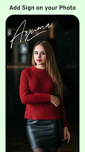 Add signature to photo feature showing portrait with custom signature overlay in signature app