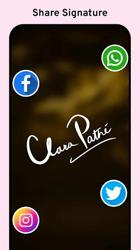 Share signature screen with social media icons for Facebook, WhatsApp, Twitter, and Instagram