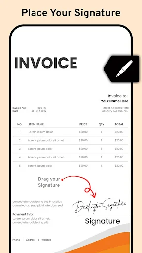Place signature on invoice document with drag-and-drop functionality and signature field