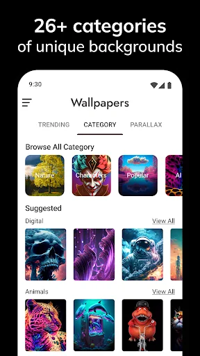 Wallpaper categories browser interface with 26+ background categories Trending Category Parallax filters