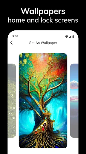 Wallpaper customization screen showing colorful tree design with Set As Wallpaper option for home lock screens