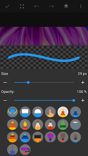 Brush settings panel in Drawing Pad app displaying size, opacity sliders and various brush presets for digital art