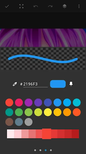Color picker interface with hex code input, color palette, and brush preview in Drawing Pad sketching app