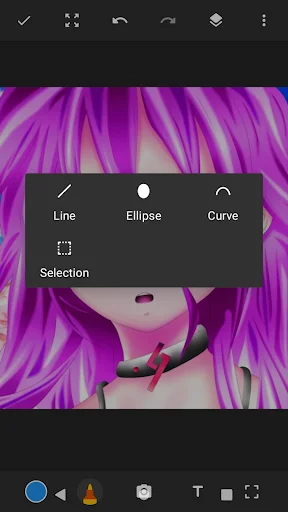 Shape tools menu in Drawing Pad - line, ellipse, curve, and selection tools for creating digital artwork