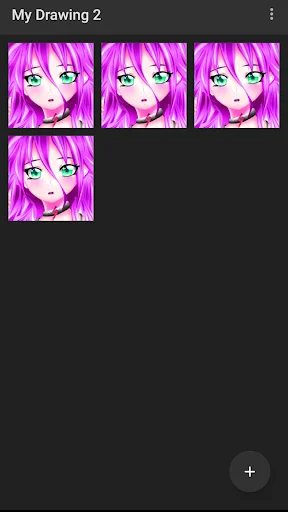 Drawing gallery view displaying saved anime artwork thumbnails with add button in Drawing Pad Lite