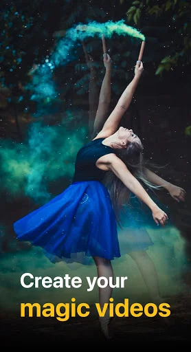 Slow Motion Video Maker app intro screen showing dancer with powder effects and 'Create your magic videos' text