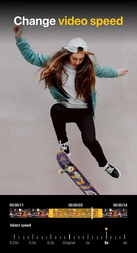 Change video speed feature with skateboarding clip and timeline showing speed adjustment controls and playback options