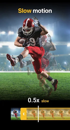Slow motion video editor showing football tackle at 0.5x speed with timeline and speed reduction preview thumbnails