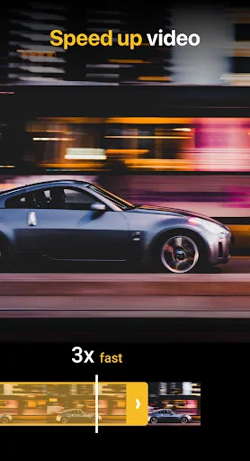 Speed up video feature displaying car in motion at 3x fast speed with timeline and acceleration effect preview