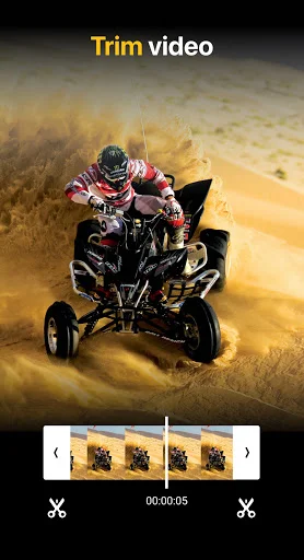 Trim video tool showing ATV rider in desert with frame-by-frame timeline and scissor trim controls at bottom