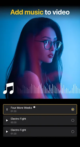 Add music to video screen showing track list including 'Pour More Weeks' and 'Electro Flight' with waveform display
