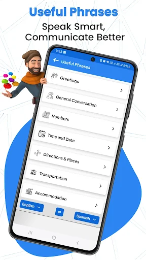 Useful Phrases menu with conversation categories including Greetings, General Conversation, Numbers, Time and Date, Directions, Transportation, and Accommodation with language selection