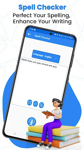 Spell Checker tool interface with text input field showing Hello how are you where are you, language selector, and action buttons for spelling correction