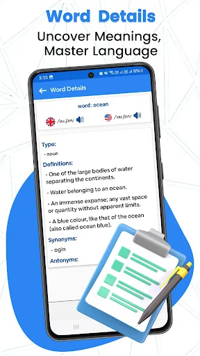 Word Details screen for 'ocean' with pronunciation guides, definitions, examples, synonyms, antonyms, and speaker icons for audio pronunciation