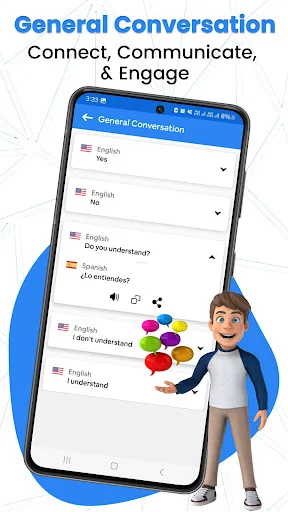 General Conversation feature showing example dialogues in English and Spanish with common phrases for communication and language learning with toggles