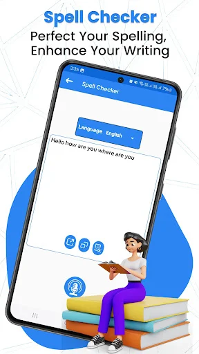 Spell Checker tool with text input field, language selector set to English, and action buttons to check and correct spelling errors in text