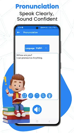Pronunciation practice screen with language selection, sample text prompts, and audio control buttons to practice speaking and improve pronunciation skills