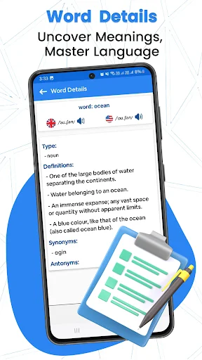Word Details screen showing ocean definition with pronunciation guides, type, meanings, examples, synonyms, and antonyms for vocabulary learning