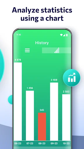 Step counter app history chart displaying weekly step statistics with bar graph visualization for progress tracking