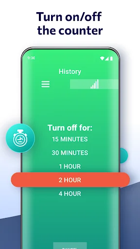 Step counter pause settings allowing users to turn off tracking for 15 minutes to 4 hours