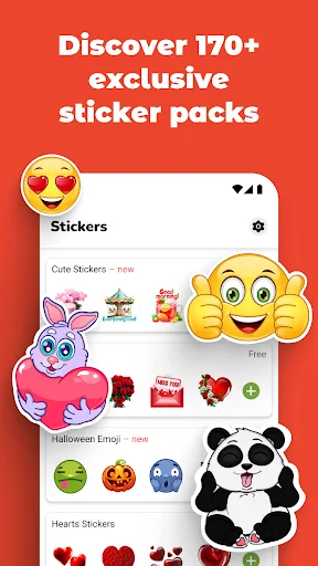 Discover 170+ exclusive sticker packs interface showing cute, Halloween, and heart emoji stickers organized by categories