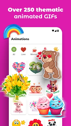 Animations tab displaying 250+ themed animated GIF stickers including flowers, teddy bears, and festive collections