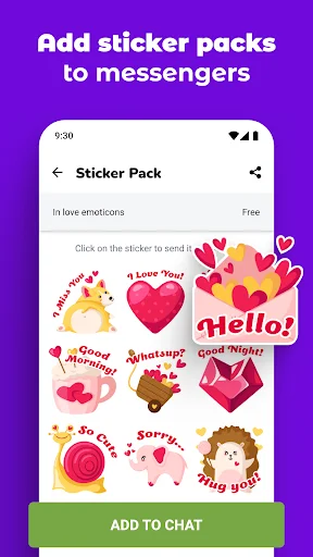 Sticker pack 'In love emoticons' with love-themed stickers and ADD TO CHAT button to send to WhatsApp messengers