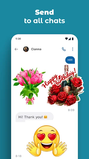 WhatsApp chat showing sent stickers: flower bouquet, red roses, and happy emoji with heart eyes expressing emotions